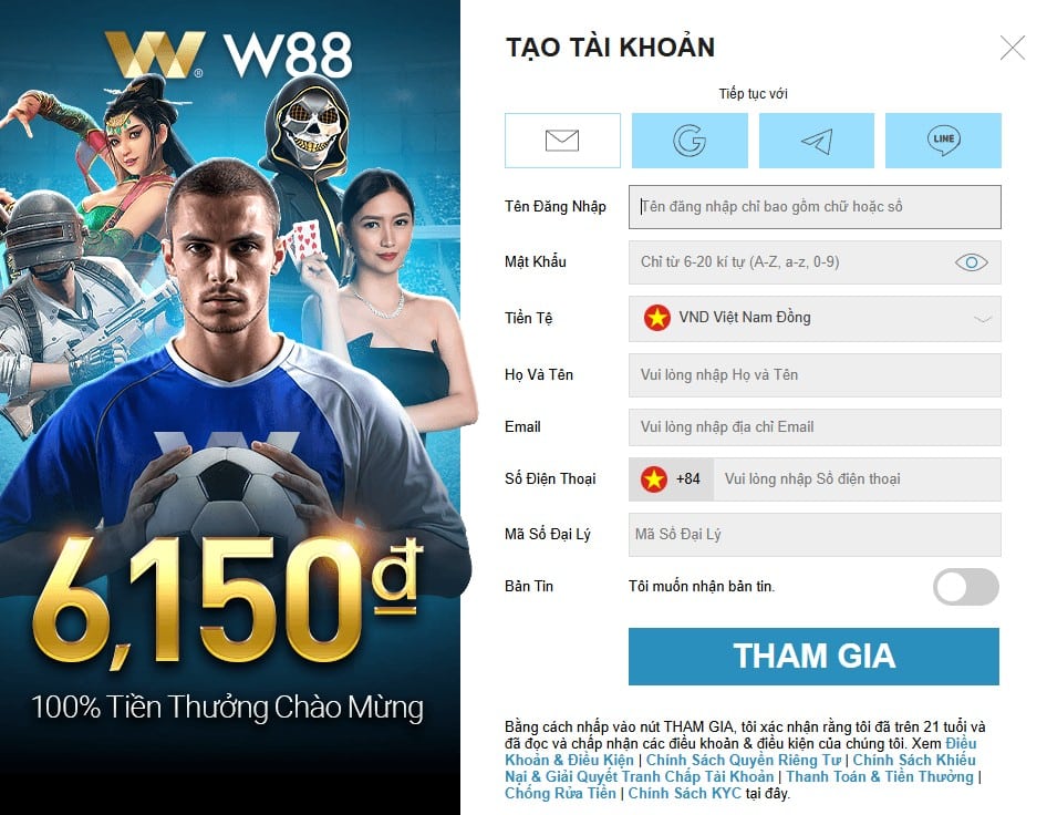 Điền thông tin đăng ký Ww88